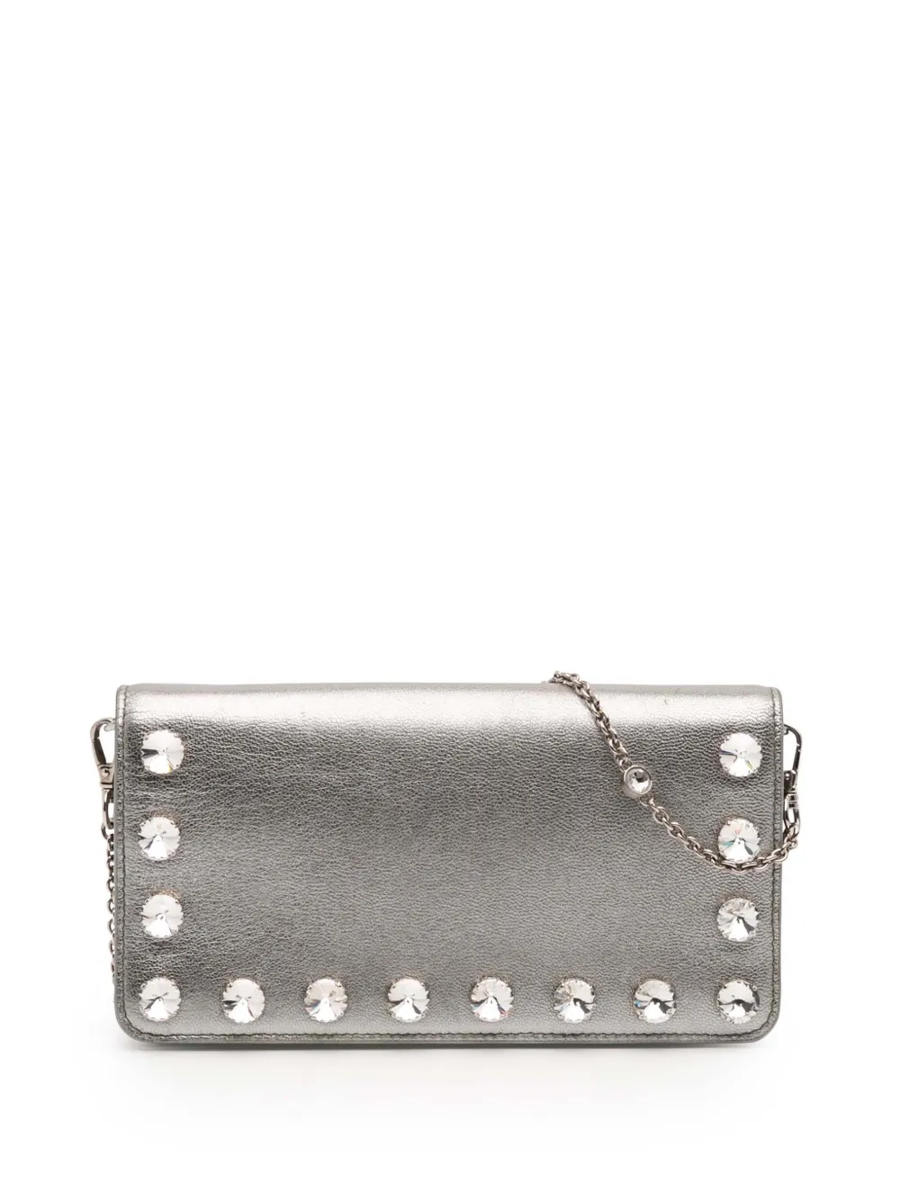 Pre-owned Miu Miu 2010-2025 Metallic Leather Crystal Studs Wallet On Chain Crossbody Bag In Silver