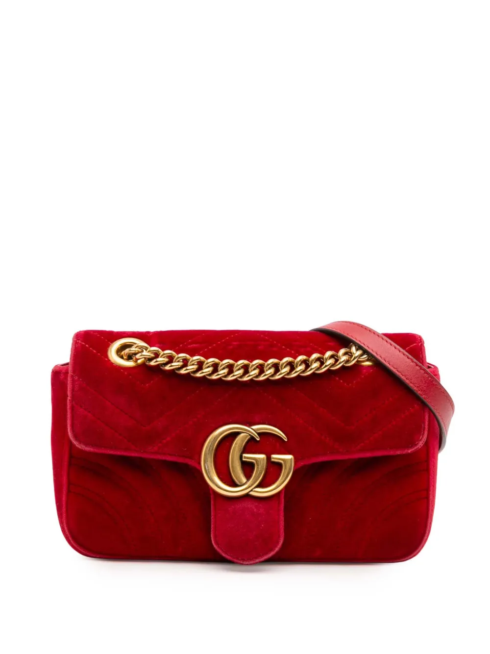 Gucci Pre-Owned 2016-2025 ミニ GGマーモント マトラッセ ベルベット フラップ ショルダーバッグ - レッド Gucci Pre-Owned 2016-2025 ミニ GGマーモント マトラッセ ベルベット フラップ ショルダーバッグ - レッド