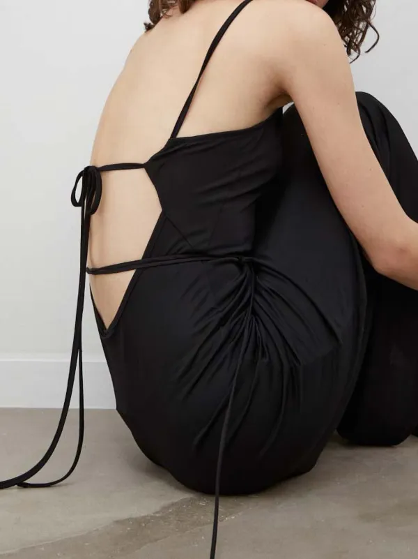 black midi dress tie straps Women's Black Tie-shoulder-strap Midi Dress