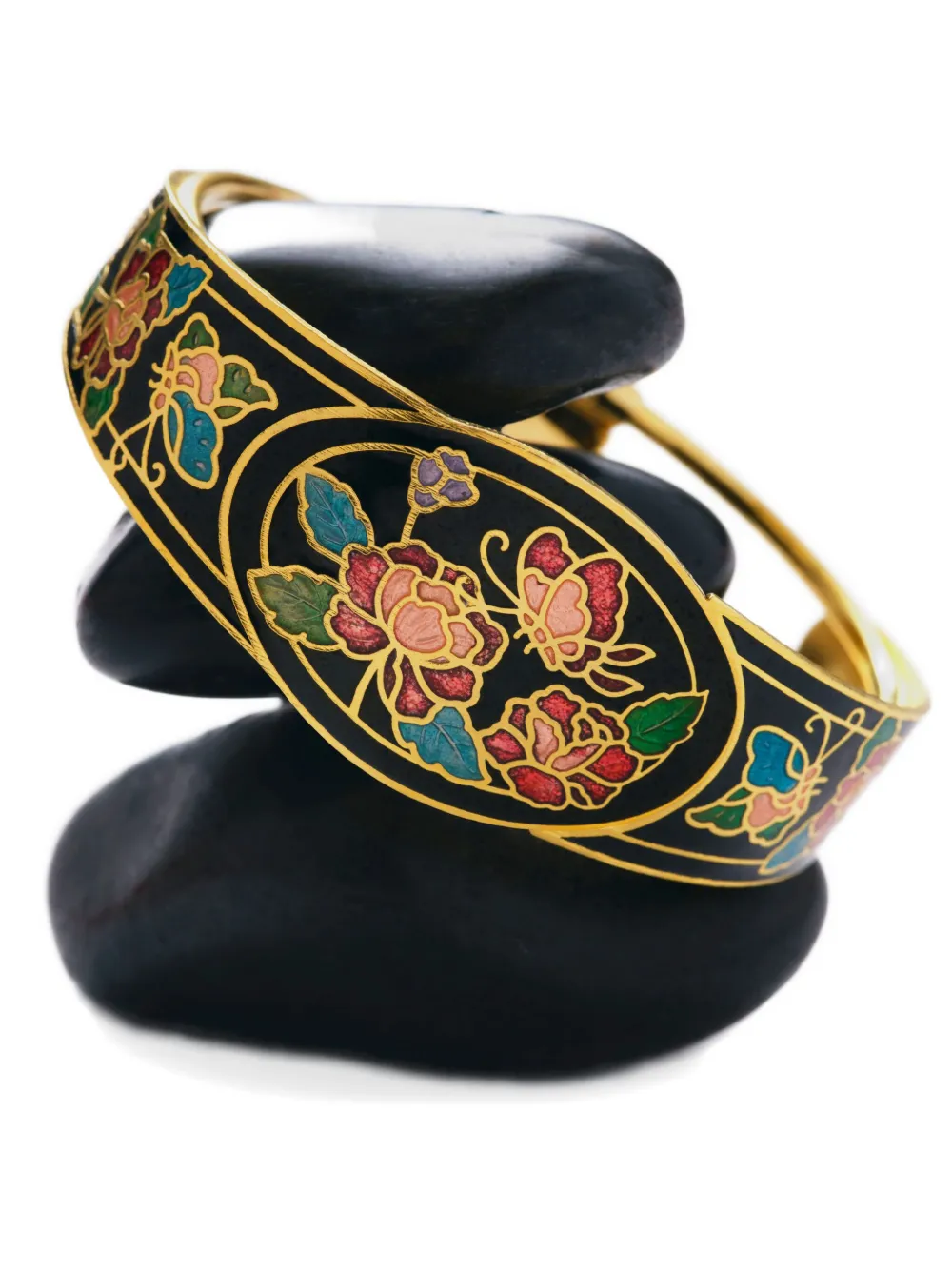 Pre-owned Susan Caplan Vintage 1980s Cloisonné Floral Bracelet In Black