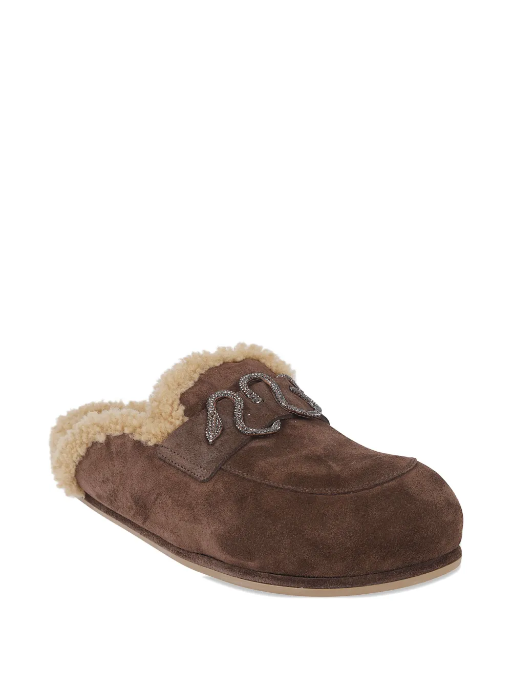 René Caovilla Embellished Shearling Mules In Brown