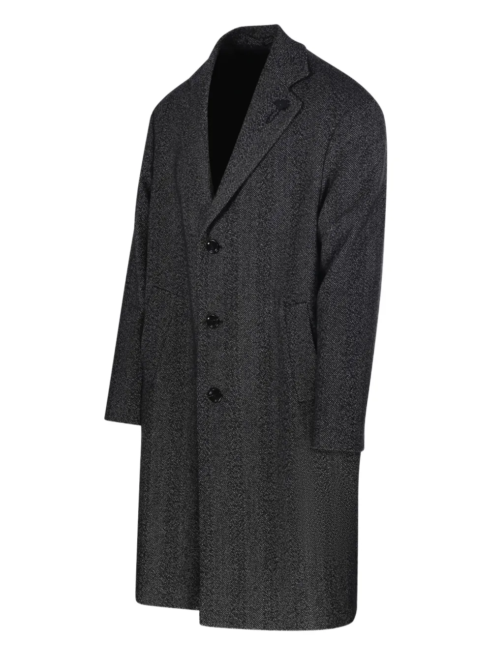 Lardini Grey Textured Wool Coat With Notched Lapel In Black