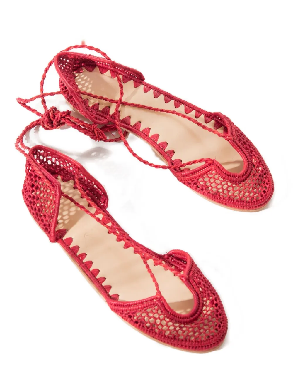 Slo_hand_made Lace-up Raffia Ballet Flats In Red