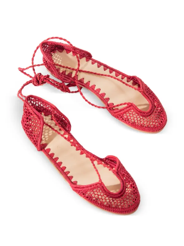 SLO_HAND_MADE lace-up Raffia Ballet Flats Red FARFETCH IN
