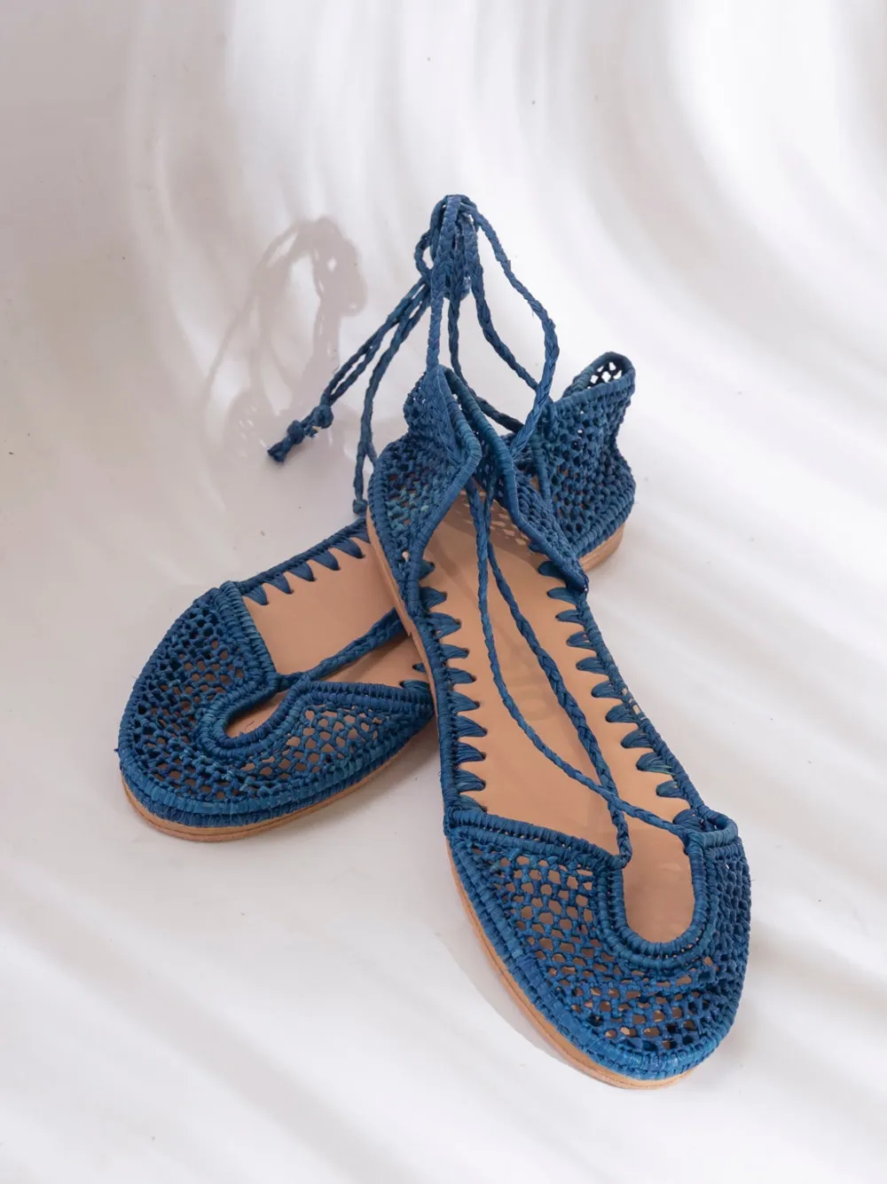 Slo_hand_made Lace-up Raffia Ballet Flats In Blue