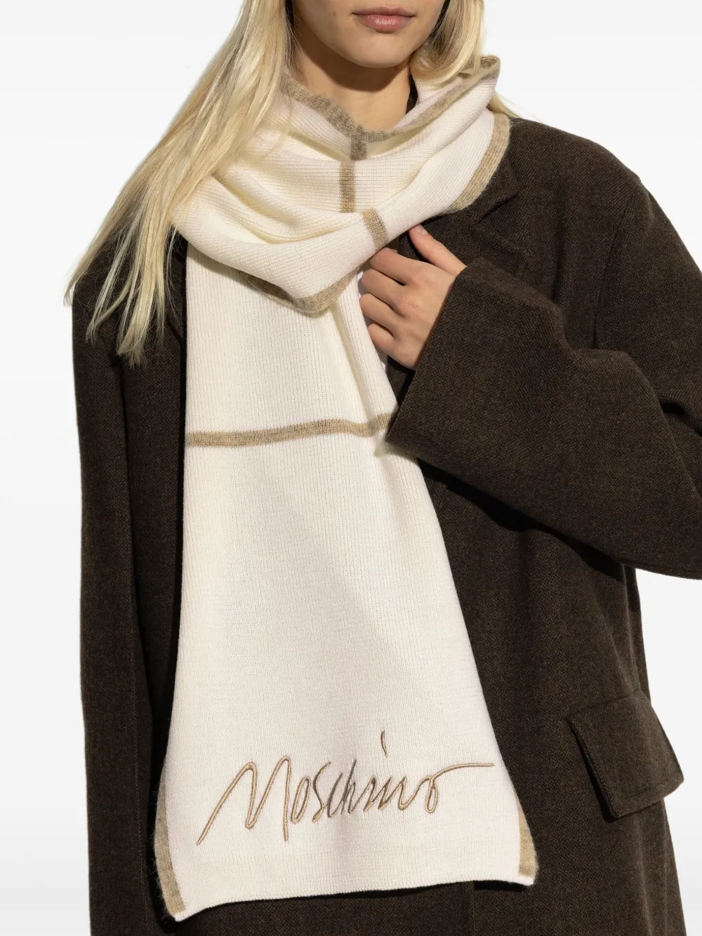 Moschino Wollen sjaal met geborduurd logo Beige