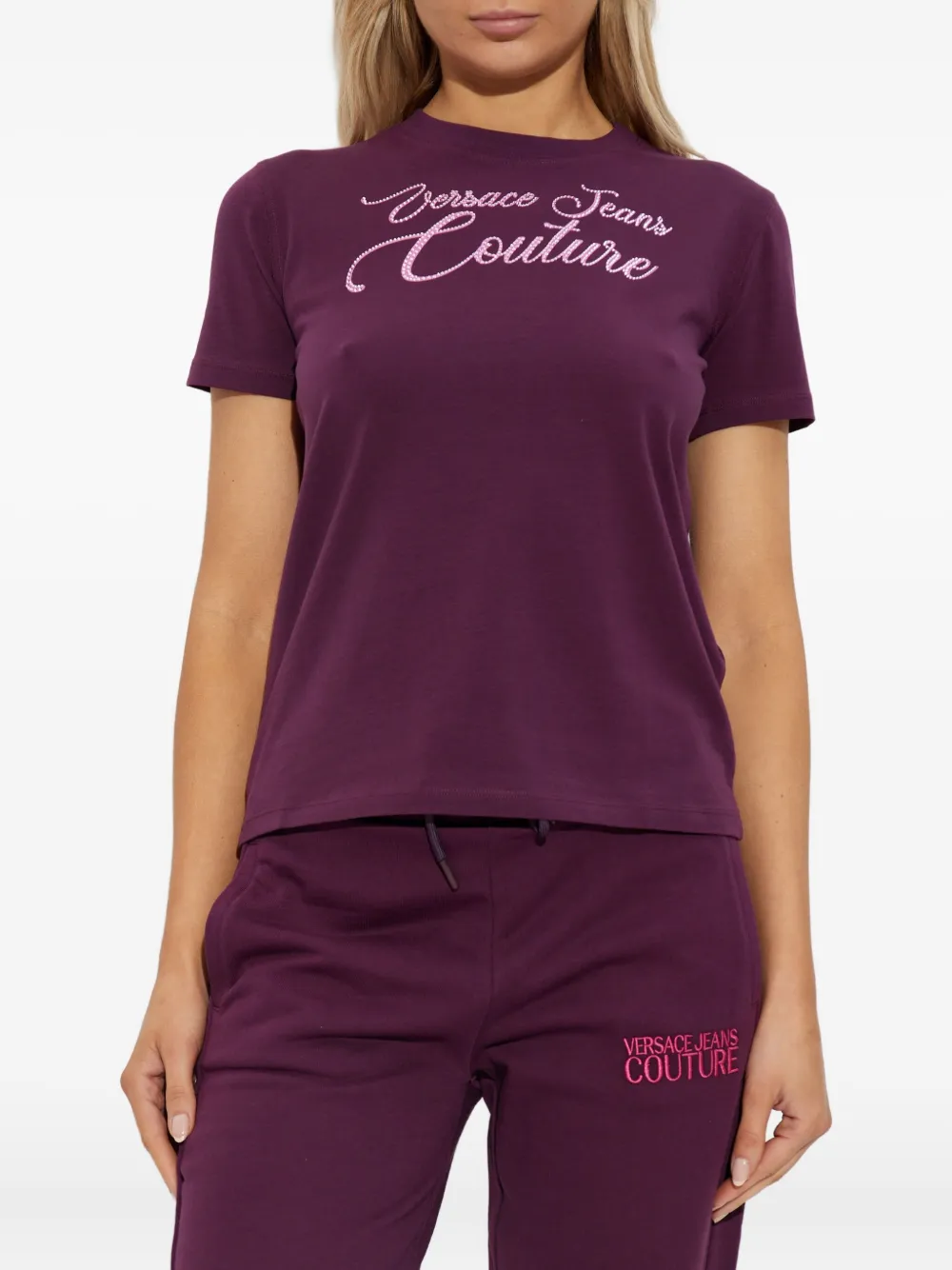 Versace Jeans Couture Logo Burgundy Stretch Cotton T-shirt In Pink