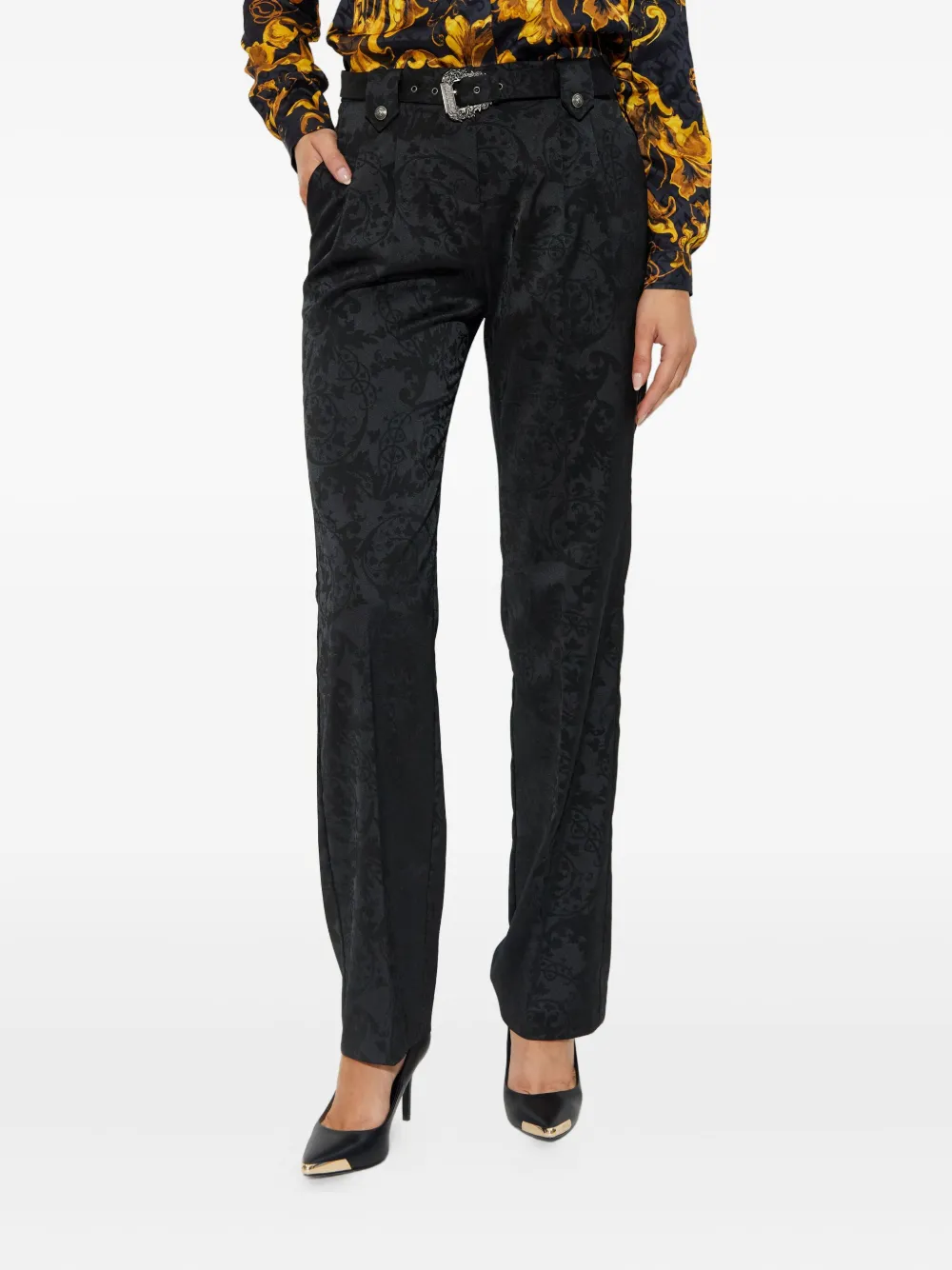 Versace Jeans Couture Broek met damask-patroon en ceintuur Zwart
