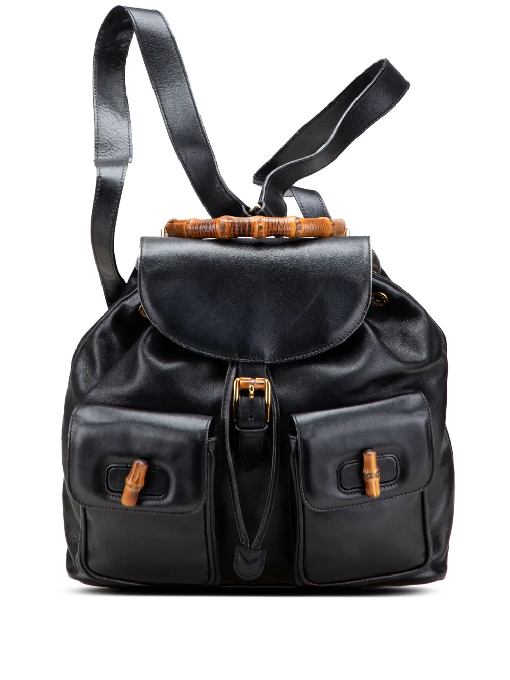 Pre-owned Gucci 20th Century Calfskin Bamboo Drawstring Backpack In Black