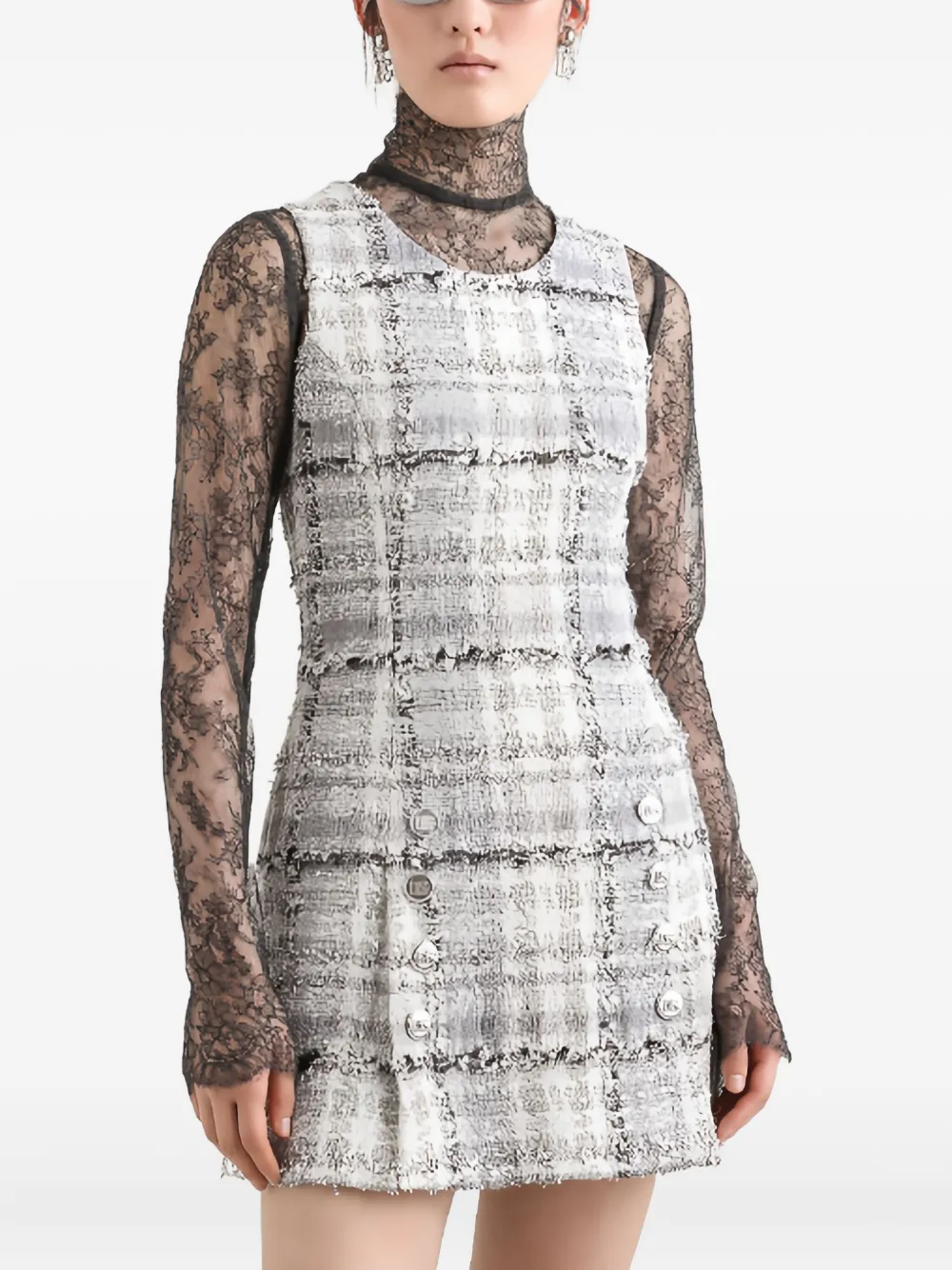 Dolce & Gabbana checked-pattern tweed button-detail mini dress Grijs