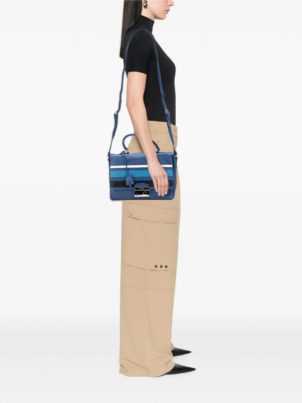 Pre-owned Prada 2000-2025 Saffiano Righe Sound Lock Satchel In Blue