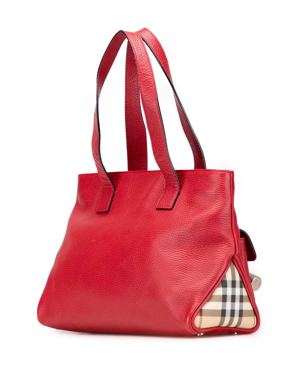 Pre-owned Burberry 2000-2017 House Check Trimmed Grainy Calfskin Horn Toggle Tote Bag In Red