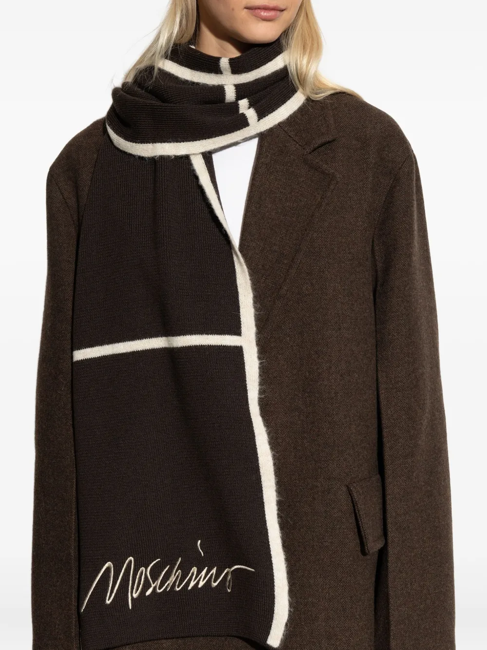 Moschino Embroidered Striped Wool-blend Scarf In Brown