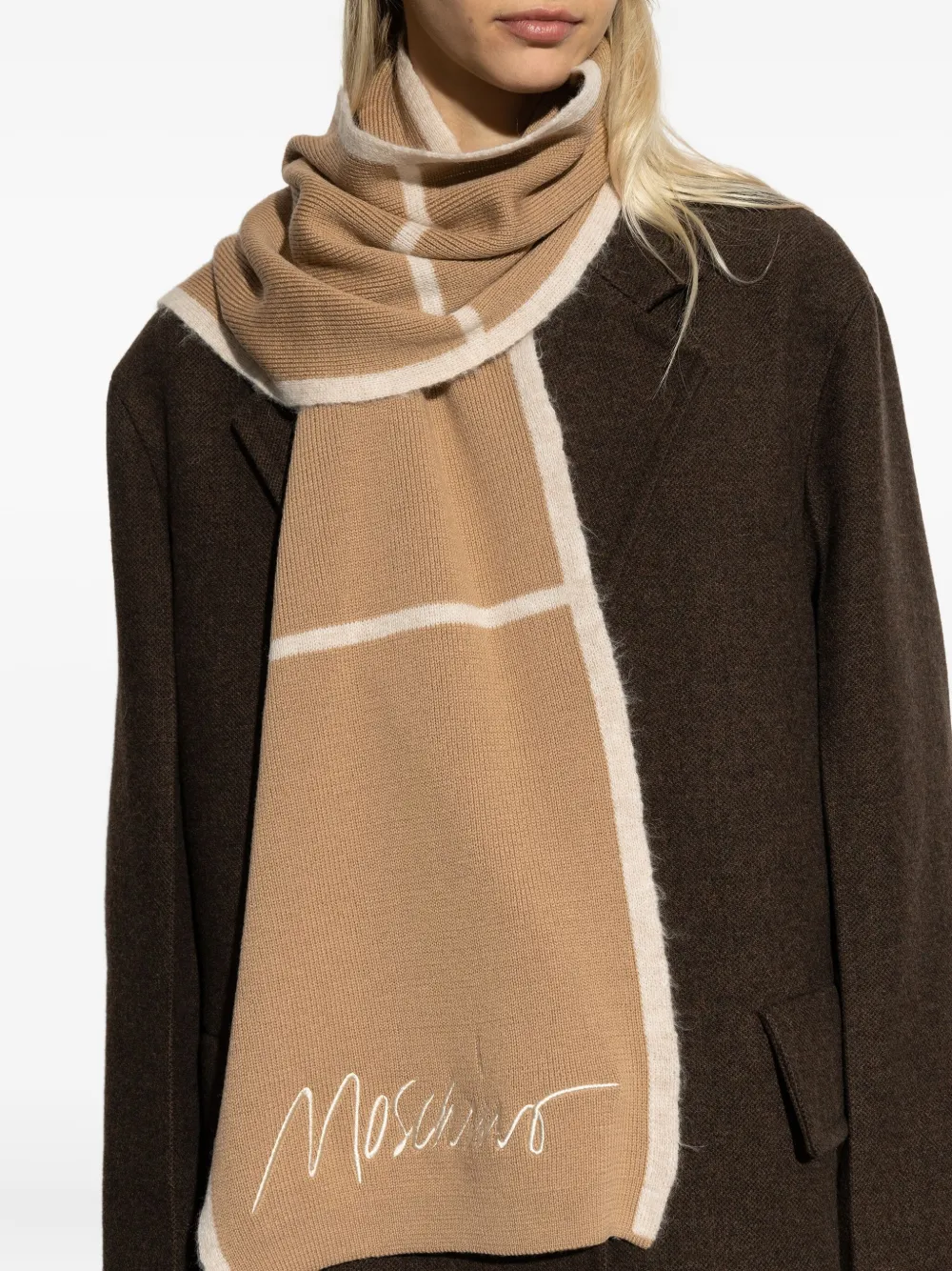 Moschino Sjaal met geborduurd logo en vlakken Bruin