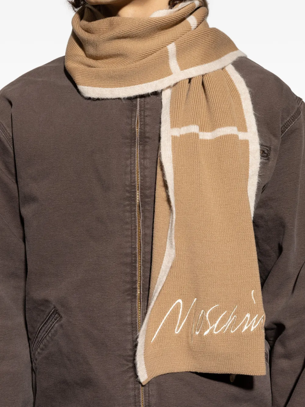 Moschino Sjaal met geborduurd logo en vlakken Bruin
