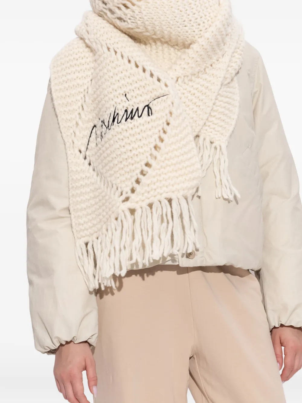 Moschino Kabelgebreide sjaal met franje Beige
