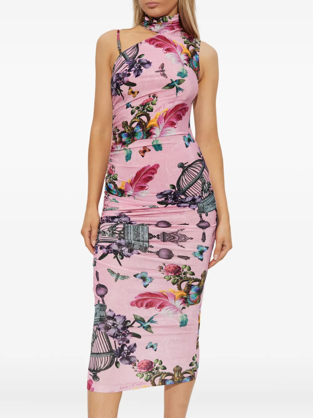 Versace Jeans Couture Midi-jurk met hoge hals en vogelkooiprint Roze