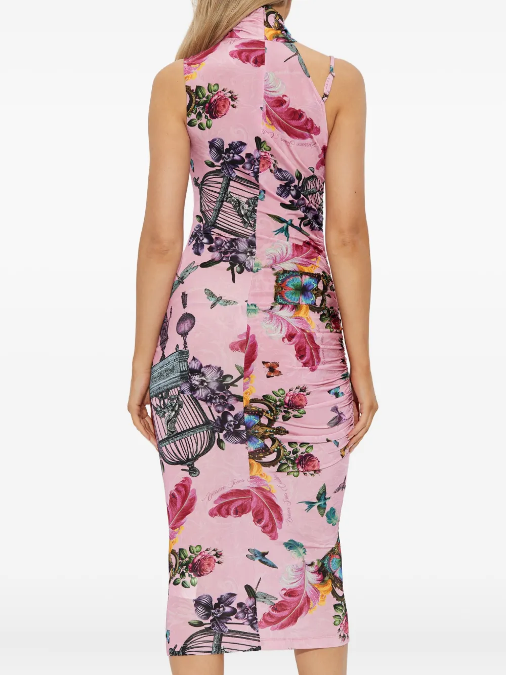 Versace Jeans Couture Midi-jurk met hoge hals en vogelkooiprint Roze