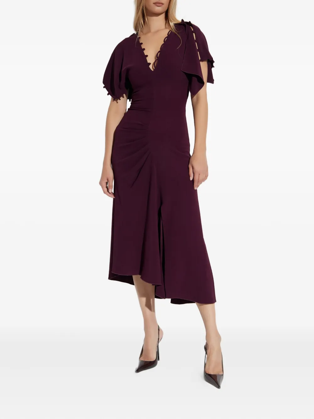 Victoria Beckham Asymmetrische midi-jurk met ruchemouwen Rood
