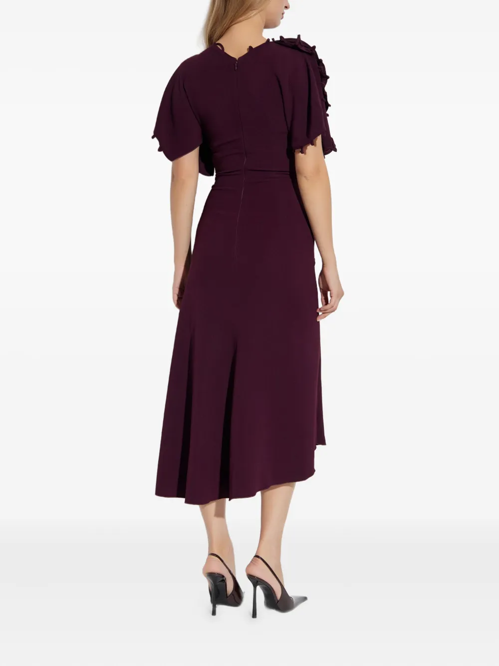 Victoria Beckham Asymmetrische midi-jurk met ruchemouwen Rood