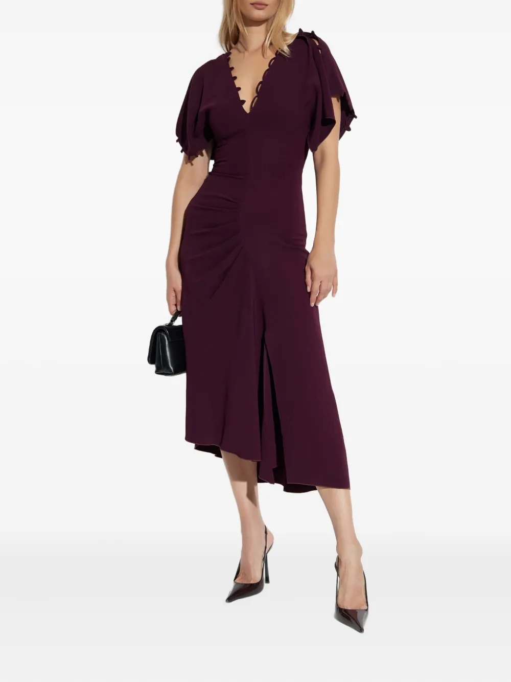 Victoria Beckham ruffled-sleeve asymmetric midi dress - Rood