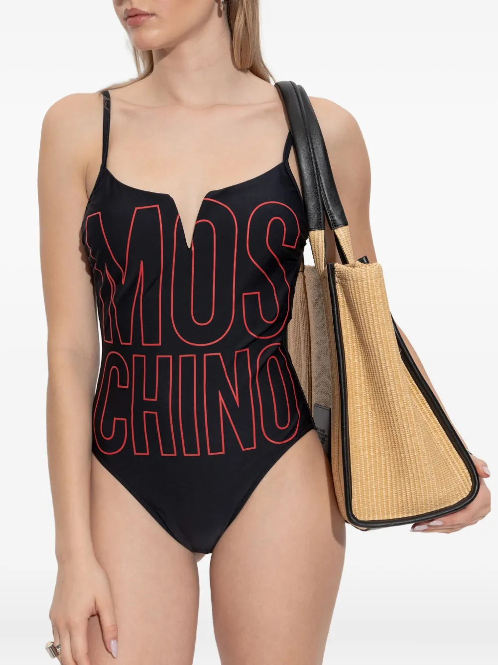 Moschino Logo-print V-neck Swimsuit In Black