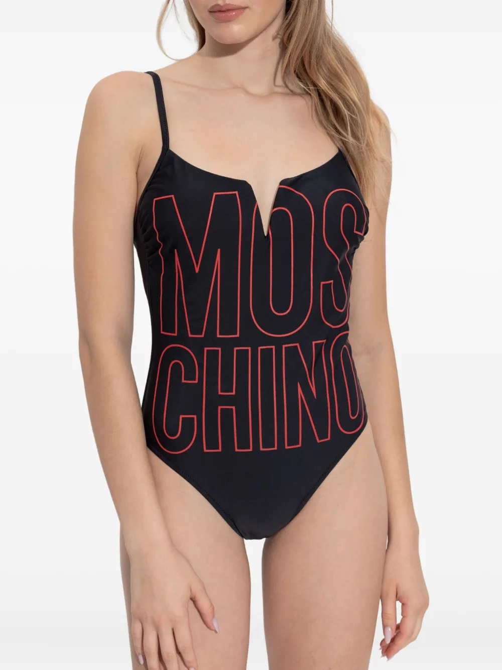 Moschino Logo-print V-neck Swimsuit In Black