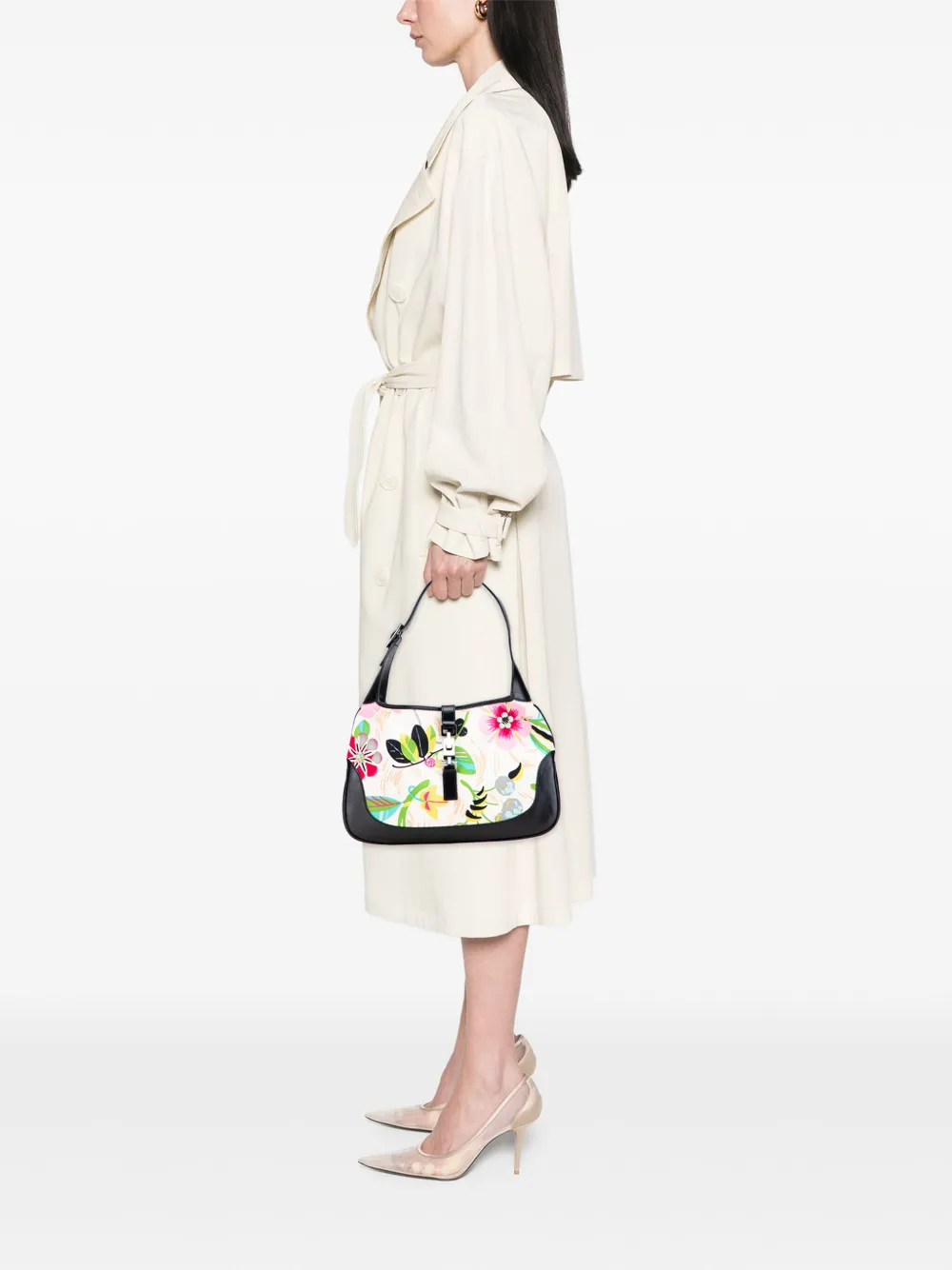 Pre-owned Gucci 2000-2015 Printed Canvas Floral Jackie Shoulder Bag In White