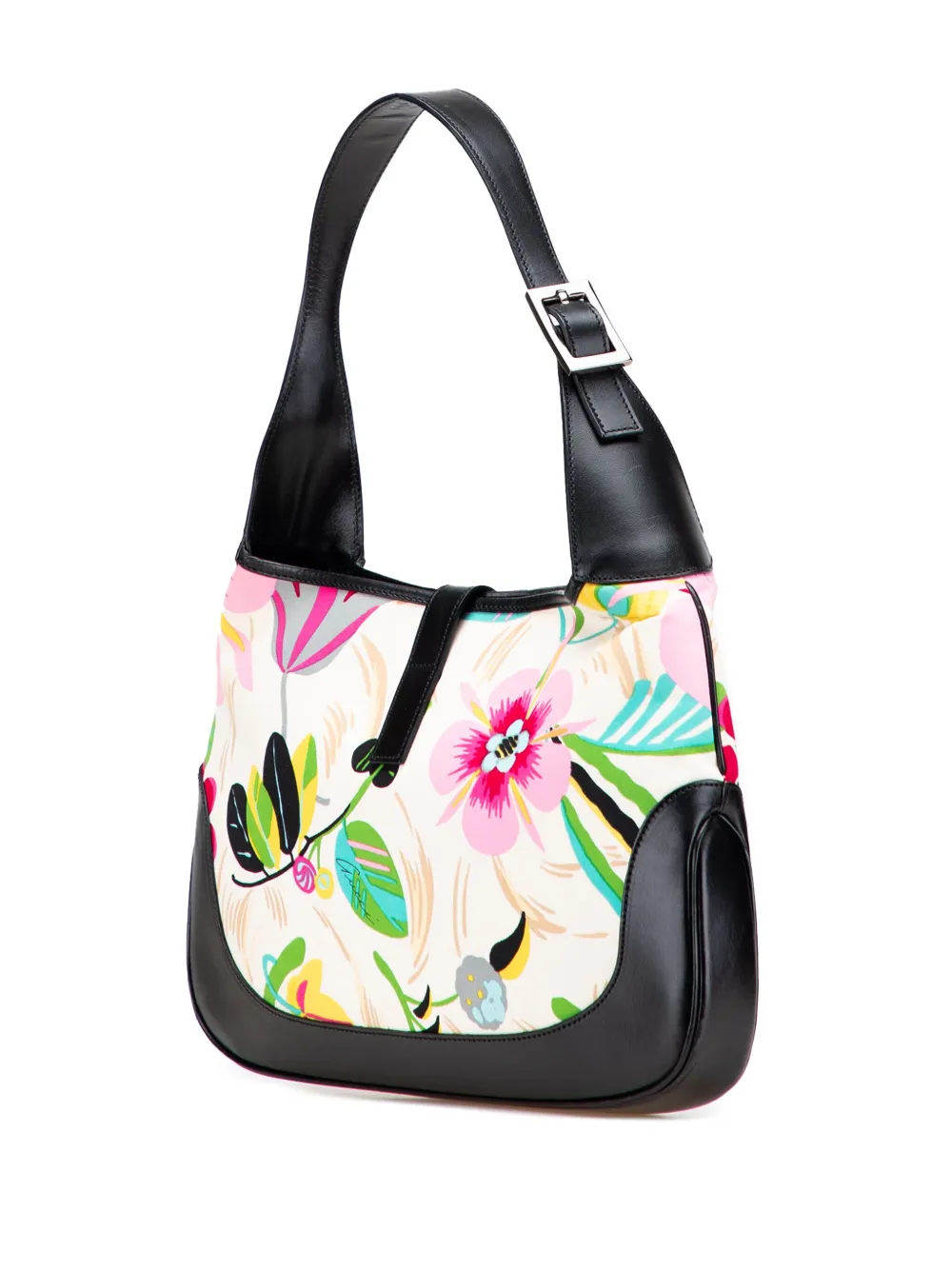 Pre-owned Gucci 2000-2015 Printed Canvas Floral Jackie Shoulder Bag In White