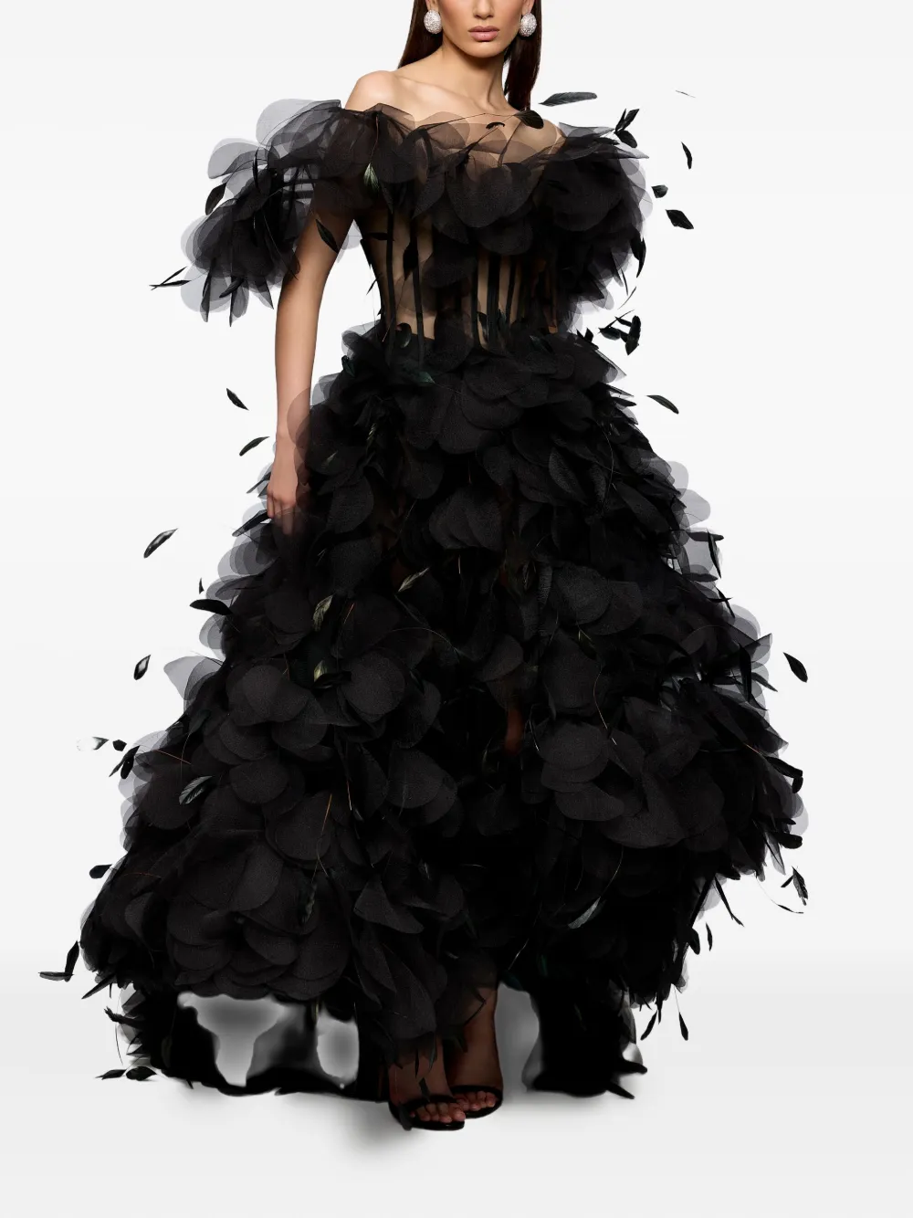 Ana Radu Maxi-jurk met korset-design en verfraaid met veren - Zwart