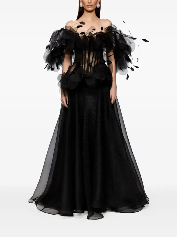 Ana Radu Vestido Estilo Corset Con Ribete De Plumas Negro