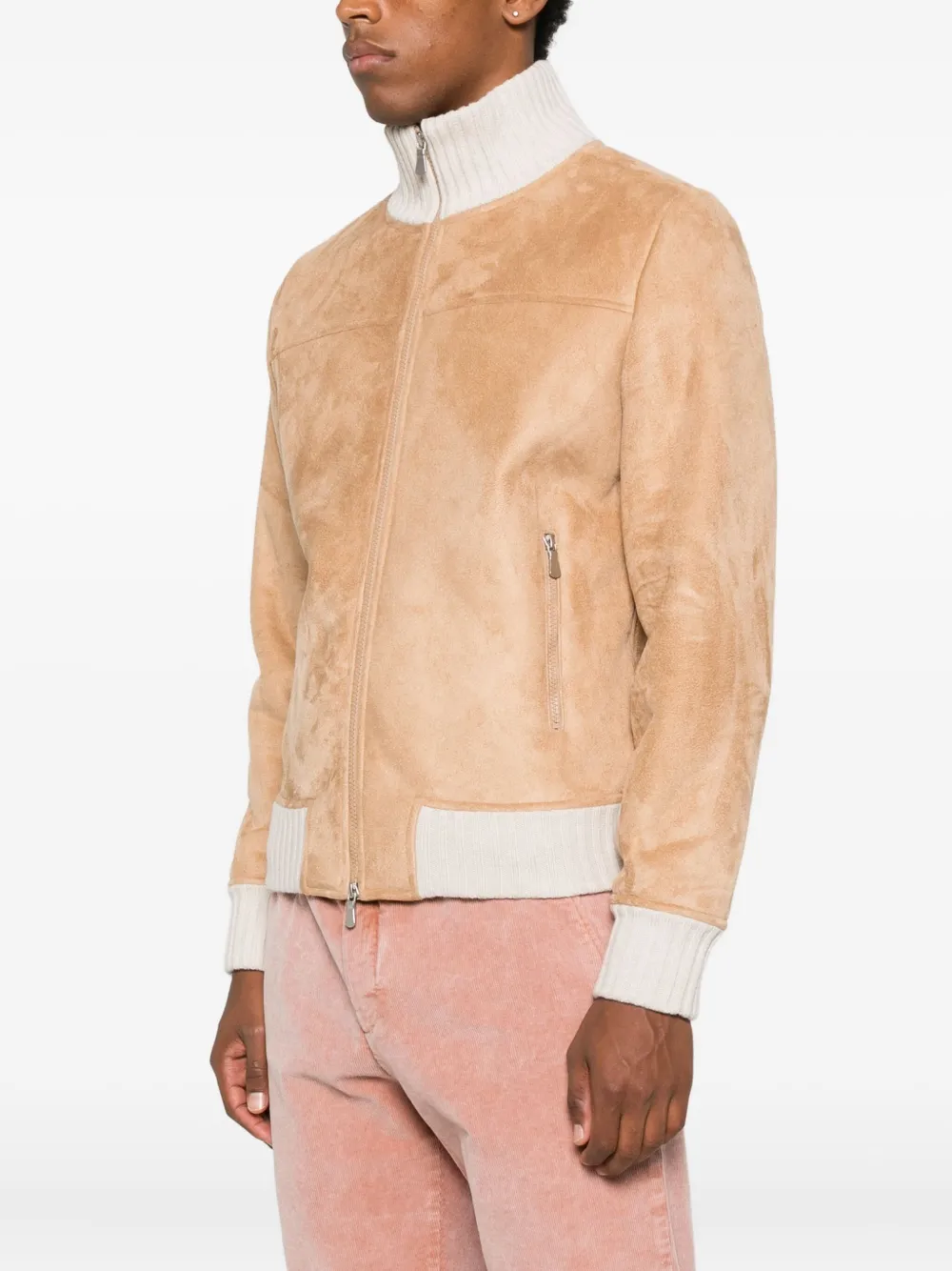 Gran Sasso Ribbed-trims Suede Jacket In Brown