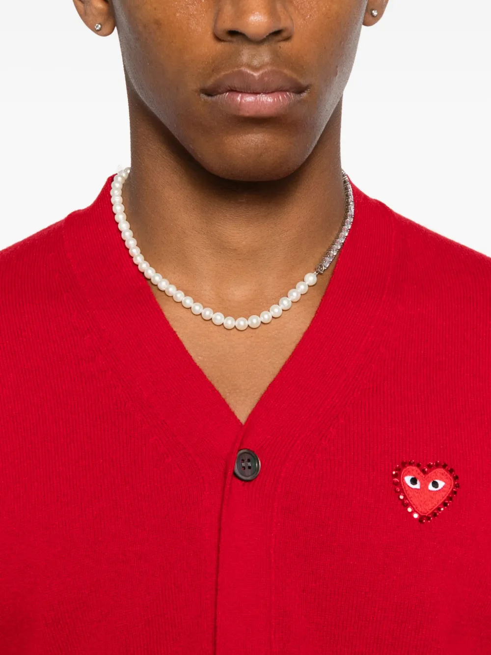 Comme Des Garçons Play Hear-emblem Rhinestone-embellishment Cardigan In Red
