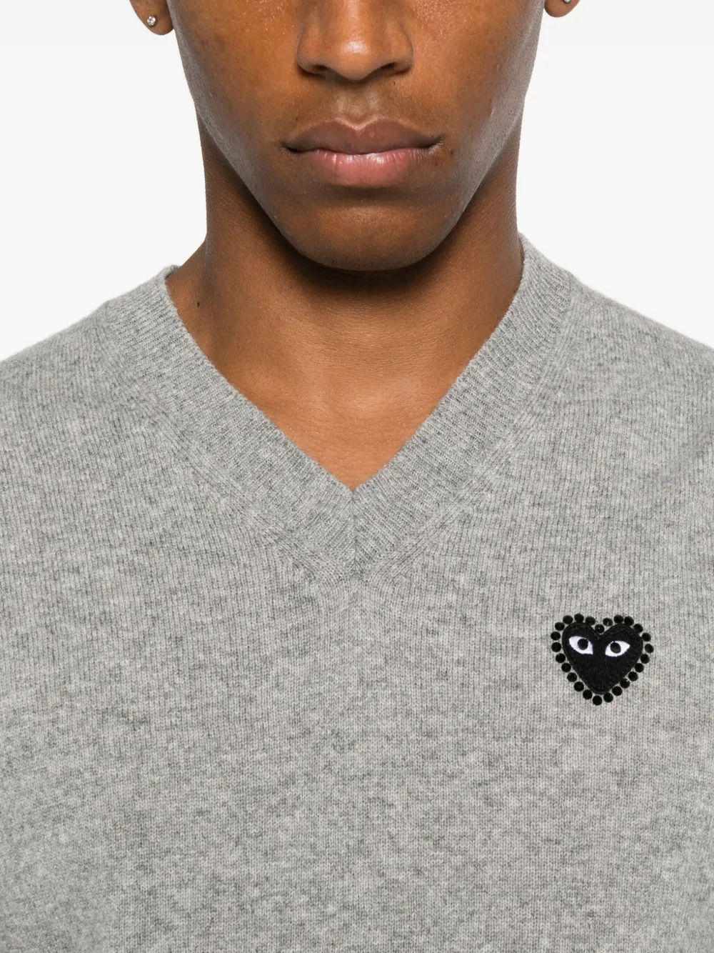 Comme Des Garçons Play Heart-embellished V-neck Sweater In Gray