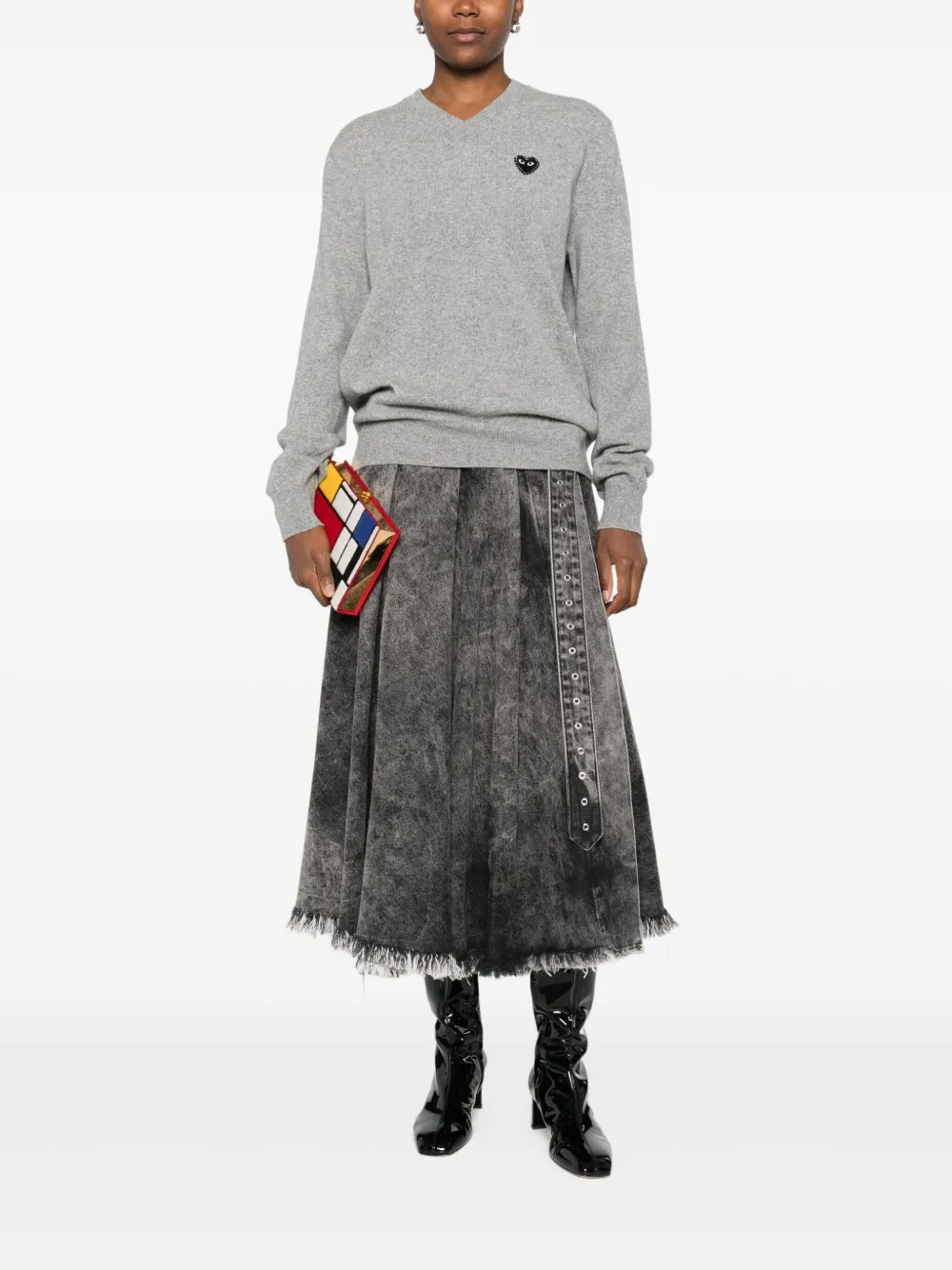 Comme Des Garçons Play Heart-embellished V-neck Sweater In Gray