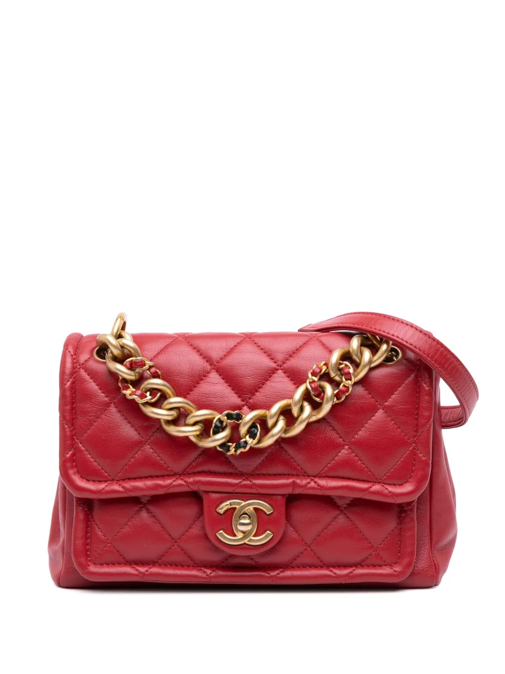 CHANEL Pre-Owned 2019 スモール マトラッセ ラムスキン チェーン フラップ サッチェルバッグ - レッド CHANEL Pre-Owned 2019 スモール マトラッセ ラムスキン チェーン フラップ サッチェルバッグ - レッド