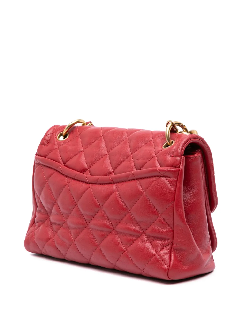 Pre-owned Chanel 2019 Small Quilted Lambskin Chain Link Flap Satchel In Red