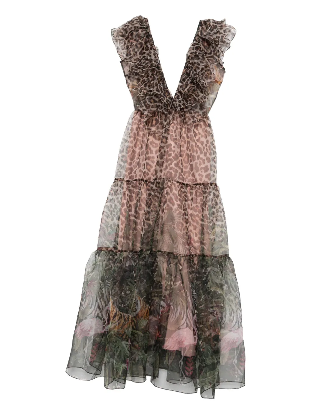 Miau By Clara Rotescu Animal-print Ruffled Midi Dress In Brown