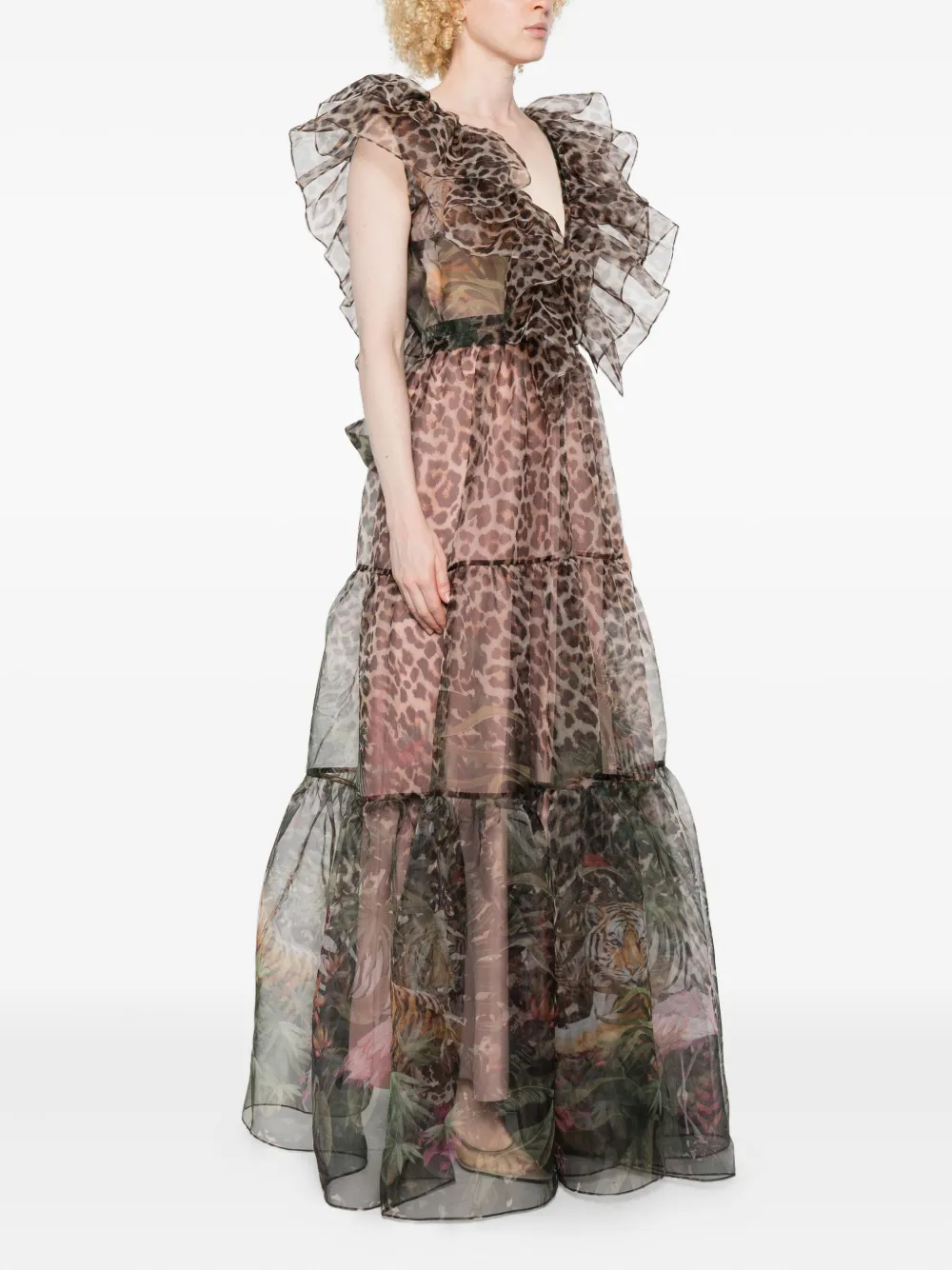 Miau By Clara Rotescu Animal-print Ruffled Midi Dress In Brown