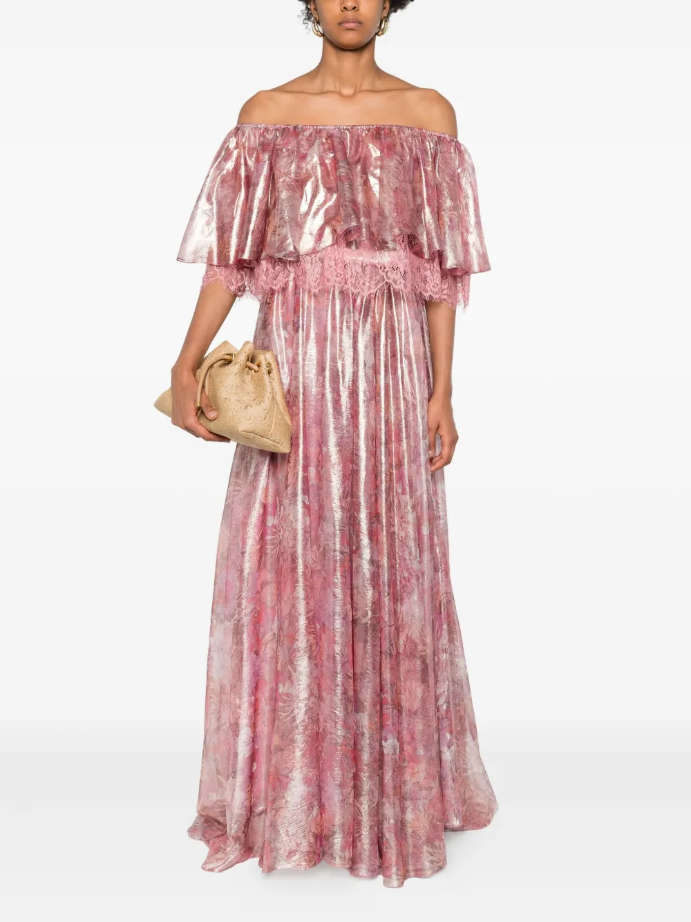 MIAU by Clara Rotescu Maxi-jurk met bloemenprint en kanten afwerking - Roze