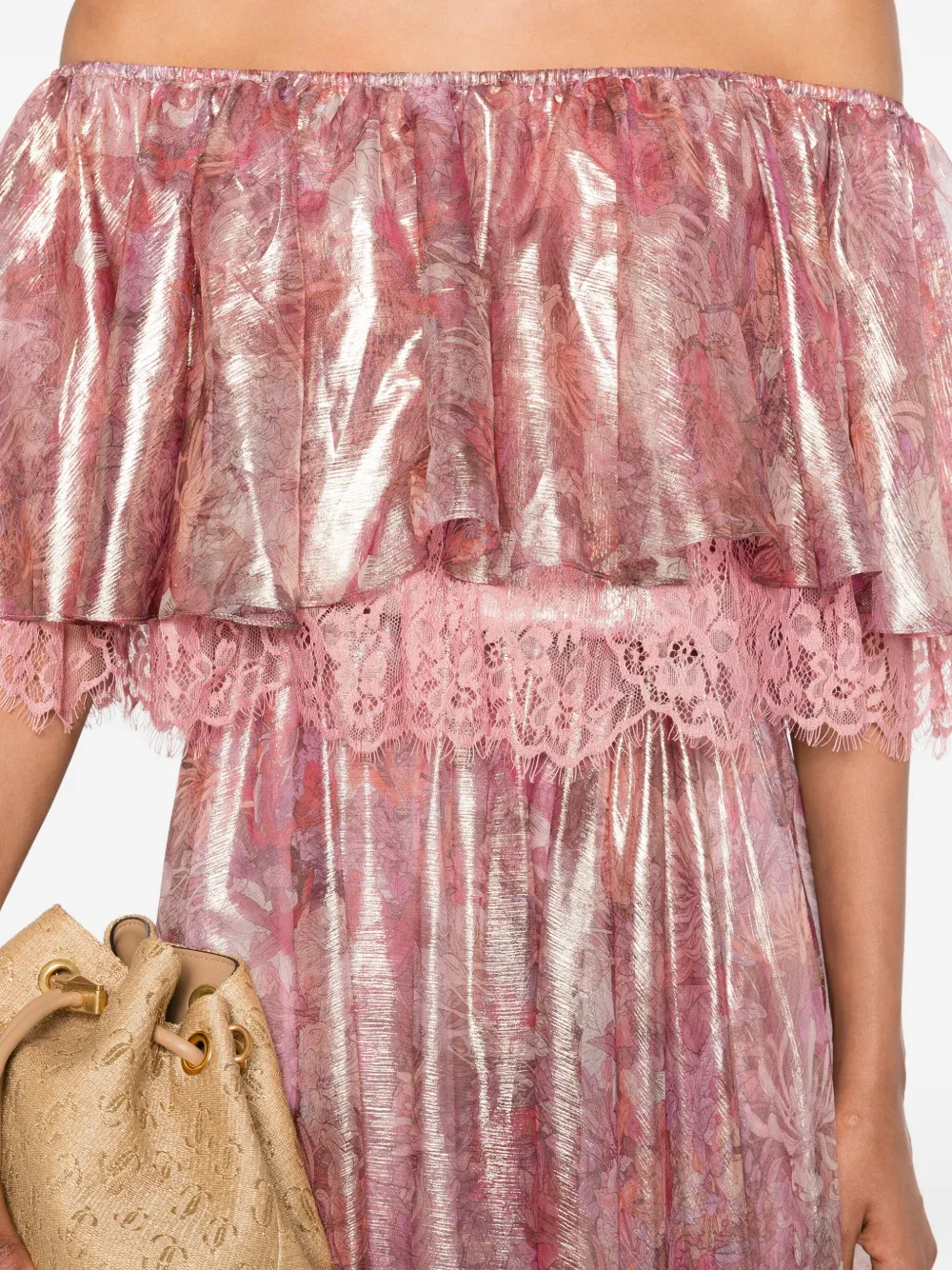 Miau By Clara Rotescu Lace-trim Floral-print Maxi Dress In Pink