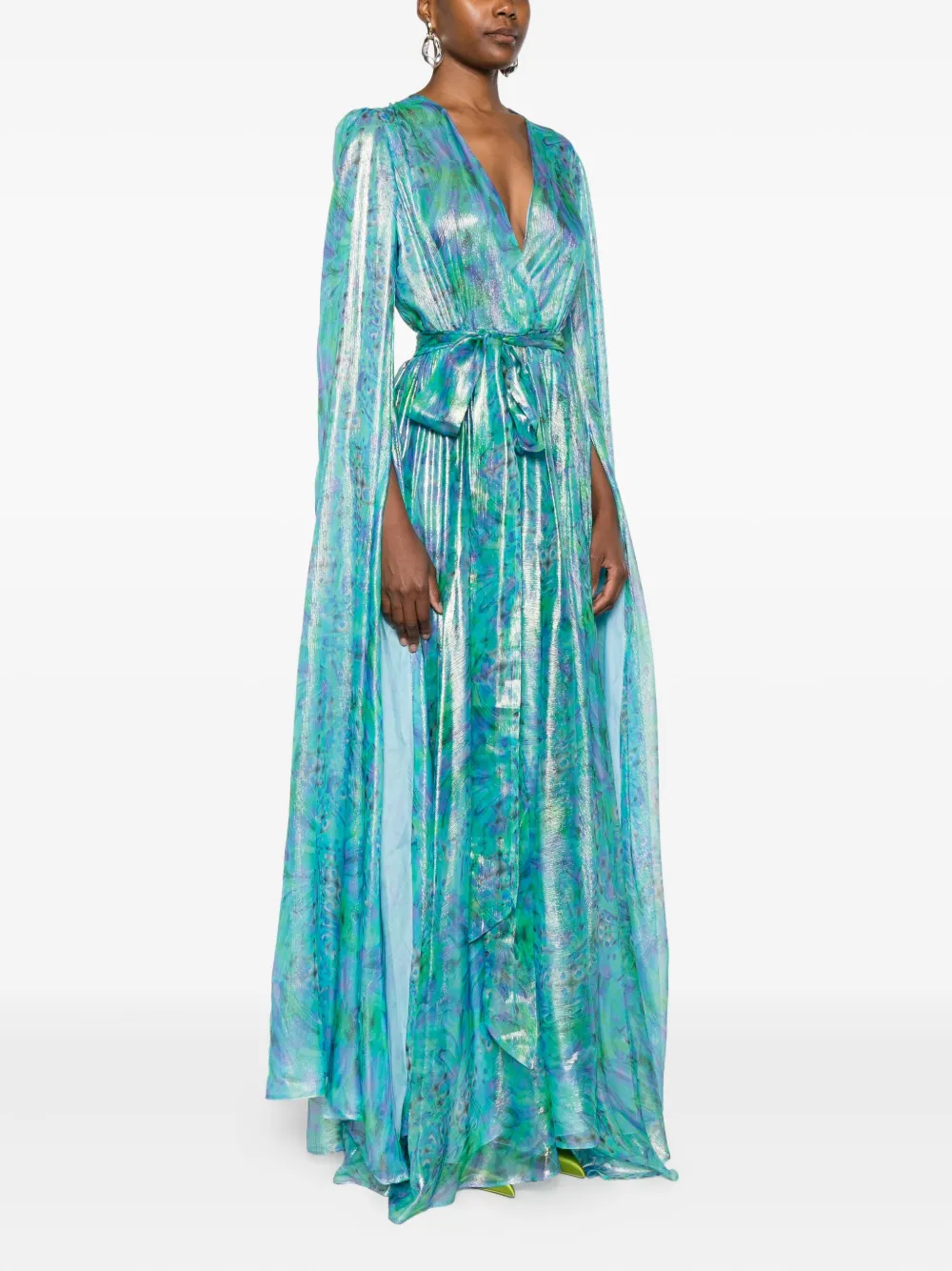 Miau By Clara Rotescu Cape-sleeve Printed Maxi Dress In Blue