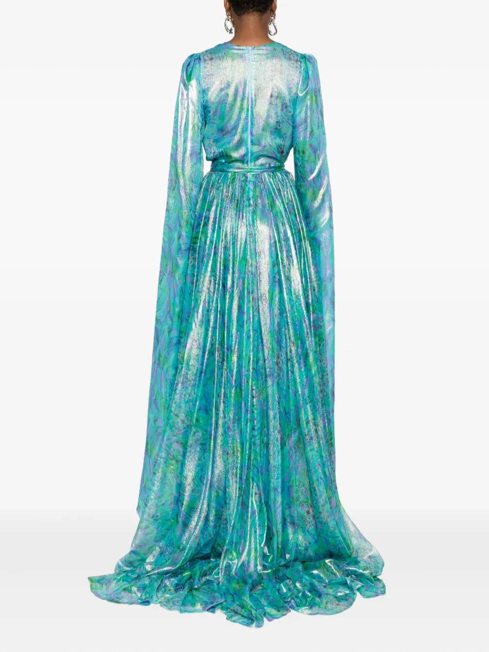 Miau By Clara Rotescu Cape-sleeve Printed Maxi Dress In Blue