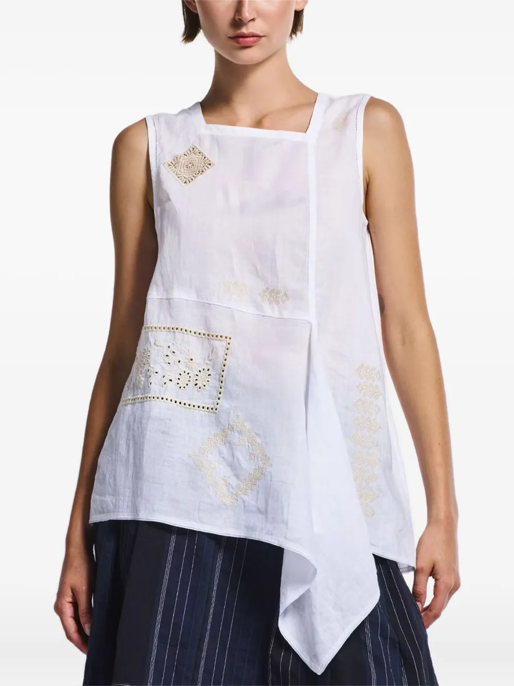 High Embroidered Asymmetric Top In White