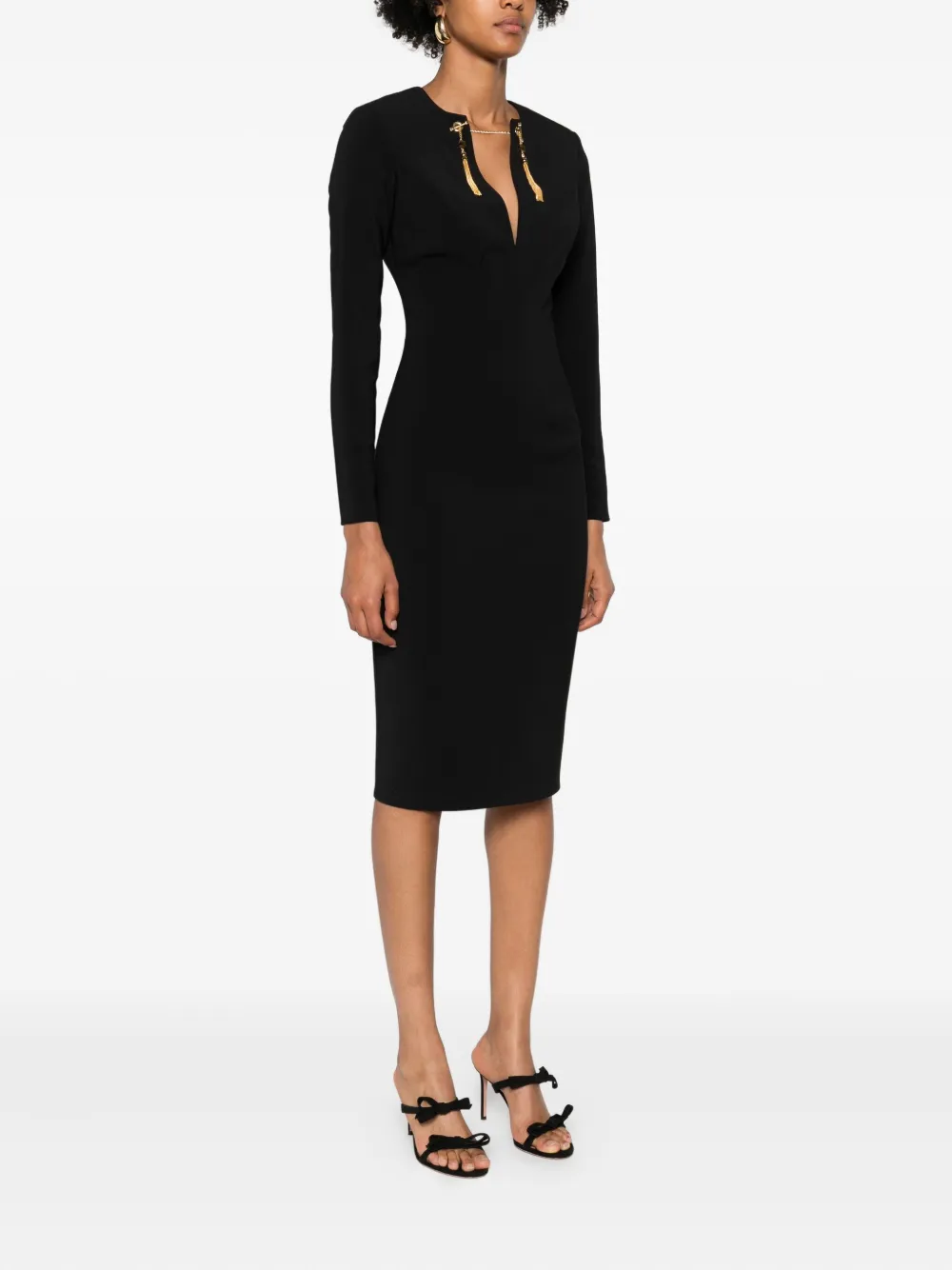 Elisabetta Franchi Shoulder Reinforced V-neckline Midi Dress With Split In Black