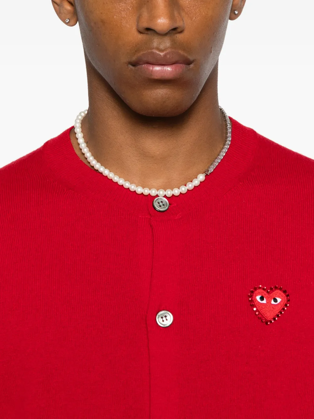 Comme Des Garçons Play Heart-emblem Rhinestone-embellishment Cardigan In Red