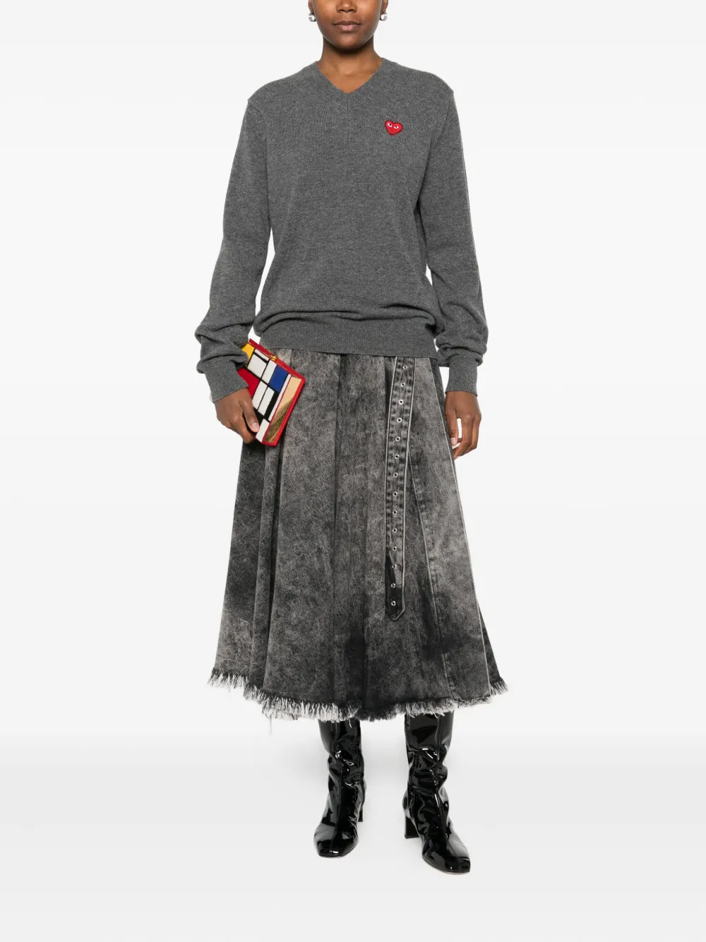 Comme Des Garçons Play Heart-emblem V-neck Sweater In Gray