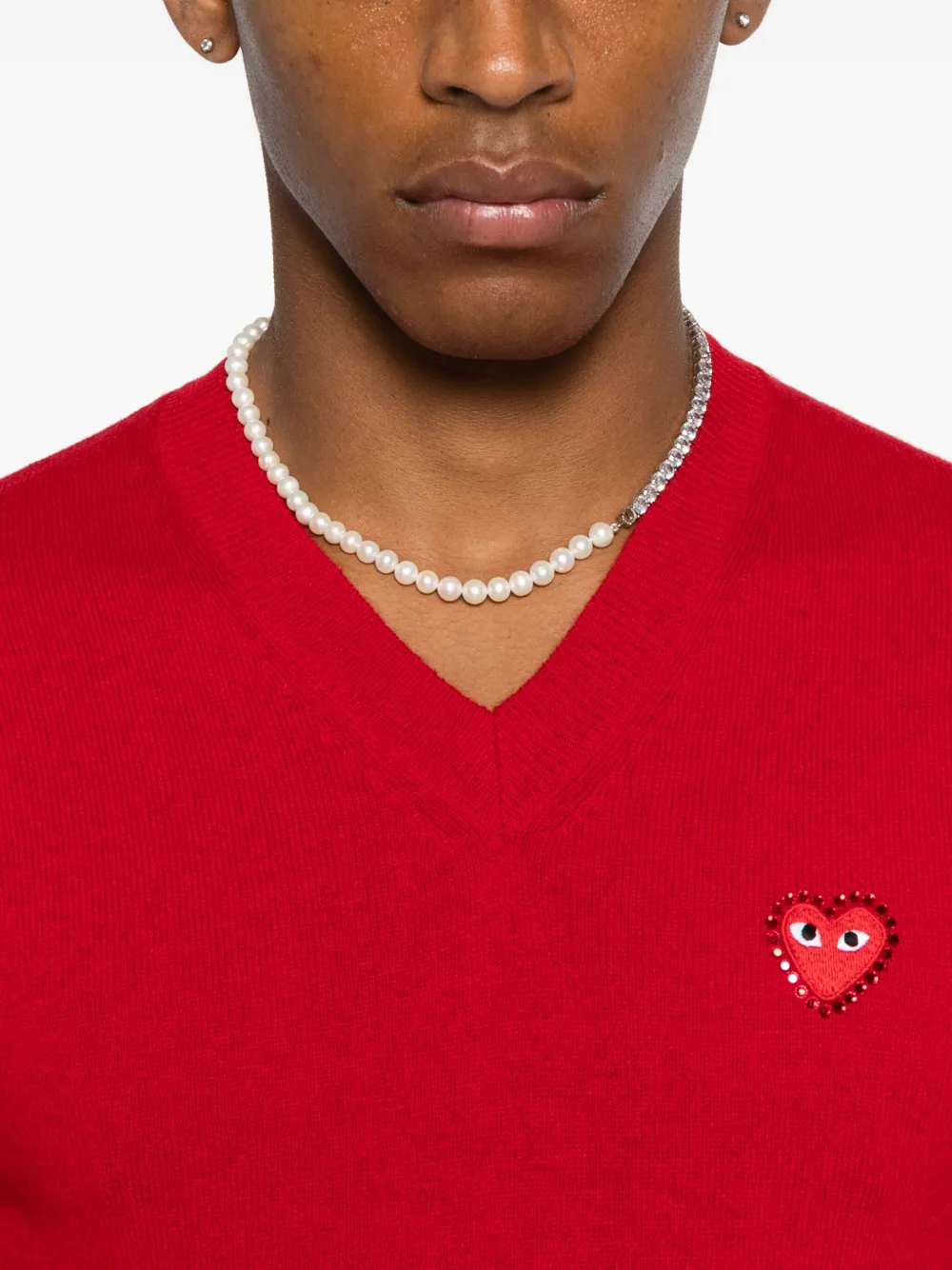 Comme Des Garçons Play Heart-emblem V-neck Sweater In Red