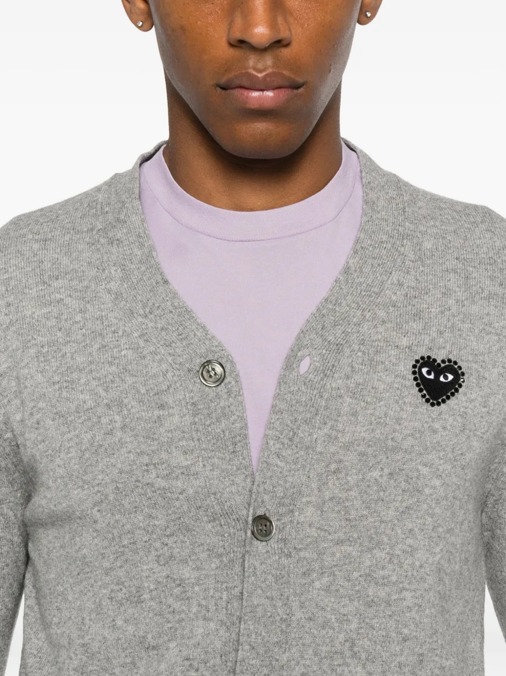 Comme Des Garçons Play Heart-emblem Rhinestone-embellishment Cardigan In Gray