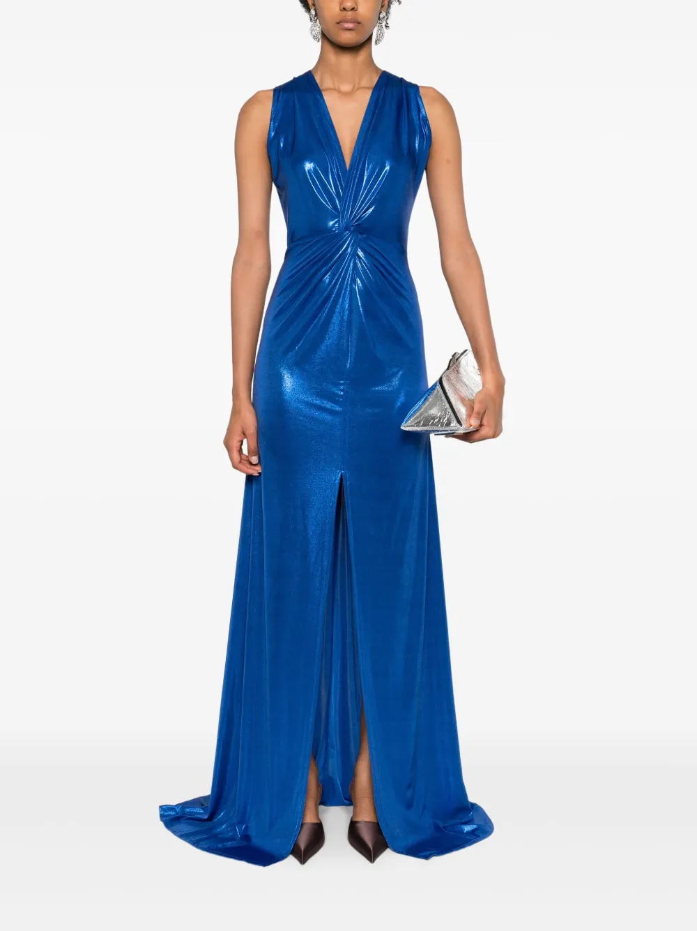 MIAU by Clara Rotescu Metallic maxi-jurk met gedraaide voorkant - Blauw